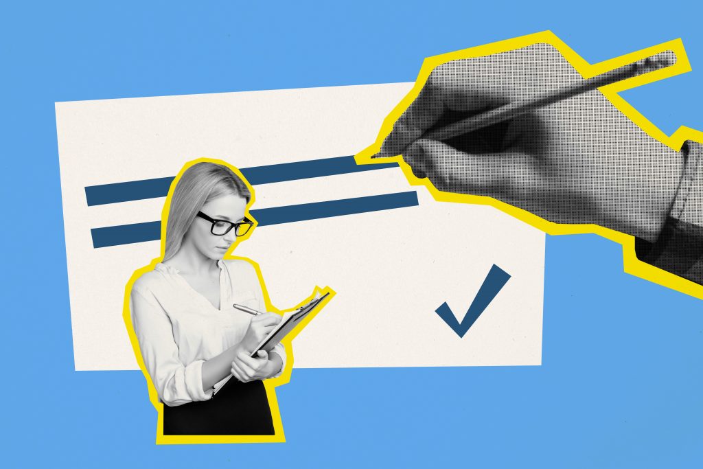 A woman reviews her work to make sure she's completed all of the steps, holding a clipboard and checking things off.