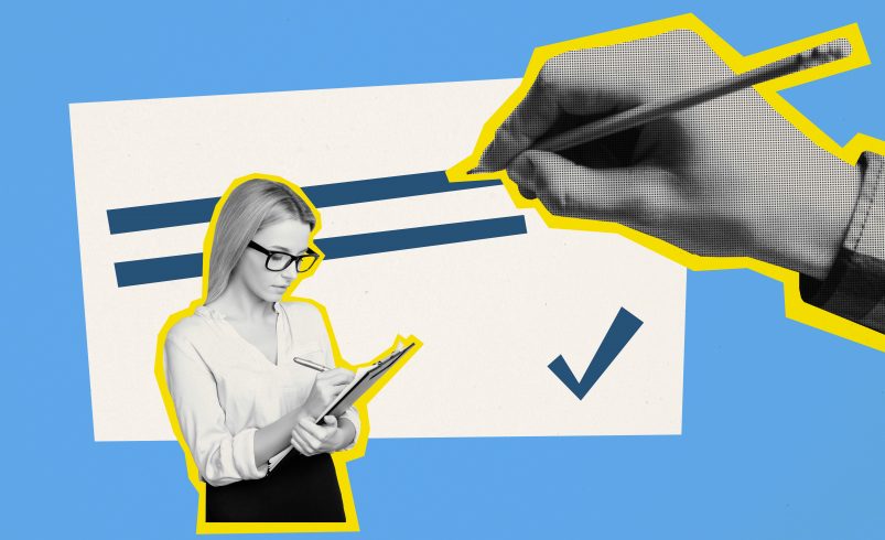 A woman reviews her work to make sure she's completed all of the steps, holding a clipboard and checking things off.