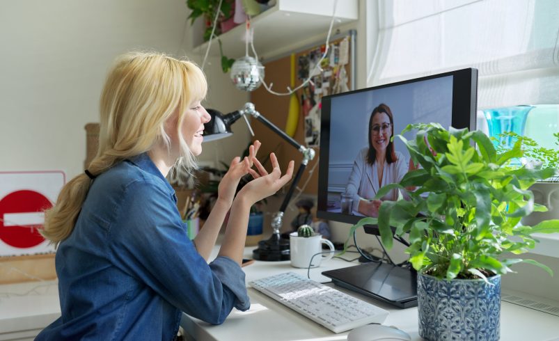 Nonprofit development professional having a virtual meeting with a program officer at a foundation.