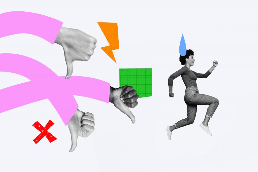 A woman is stressing and running away from a series of rejections.